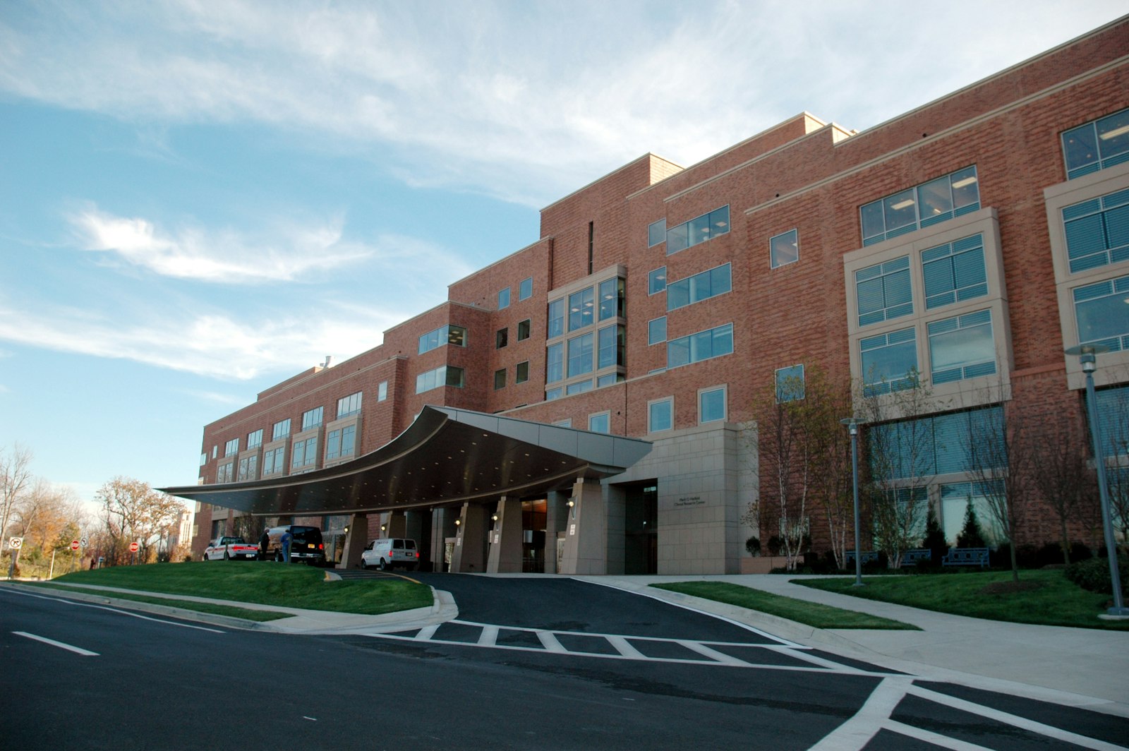 The entrance of a modern international hospital